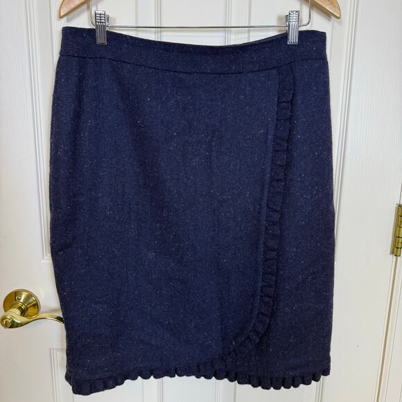 Talbots Navy Wool Blend Ruffle Hem Skirt Wrap Look Size 12 - Picture 2 of 6